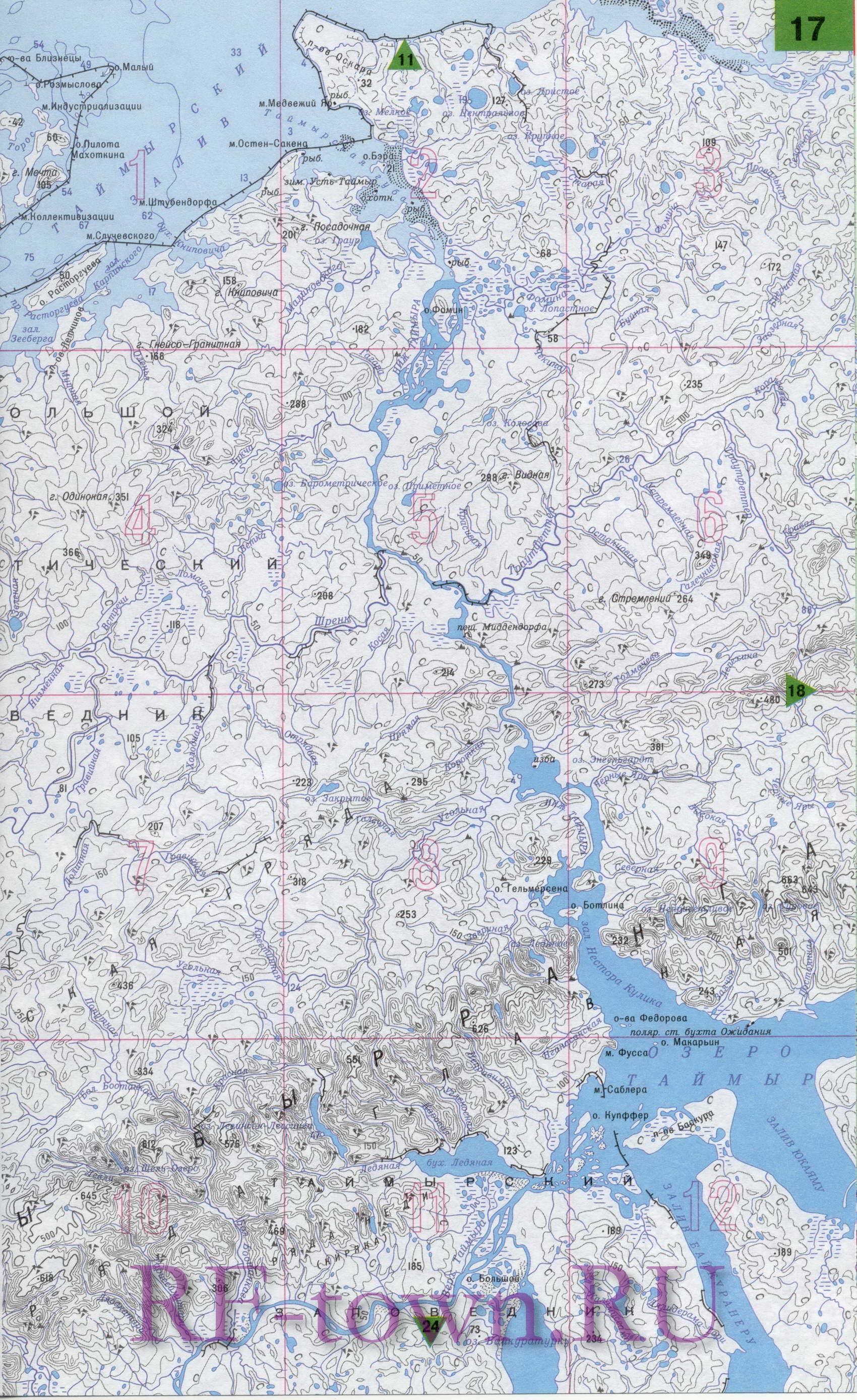 Карта Таймырского автономного округа. Подробная топографическая карта Таймырский (Долгано-Ненецкий) автономный округ, E2 - 