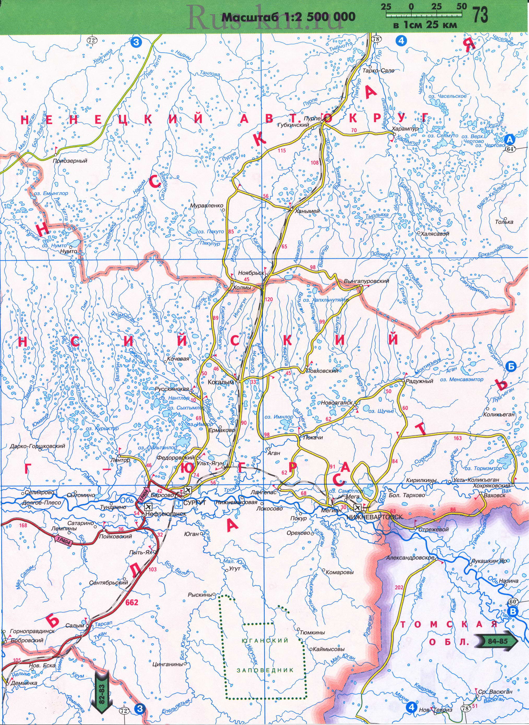 Карта Западной Сибири. Подробная автомобильная карта Западной Сибири из атласа автодорог России 2011 года, B0 - 