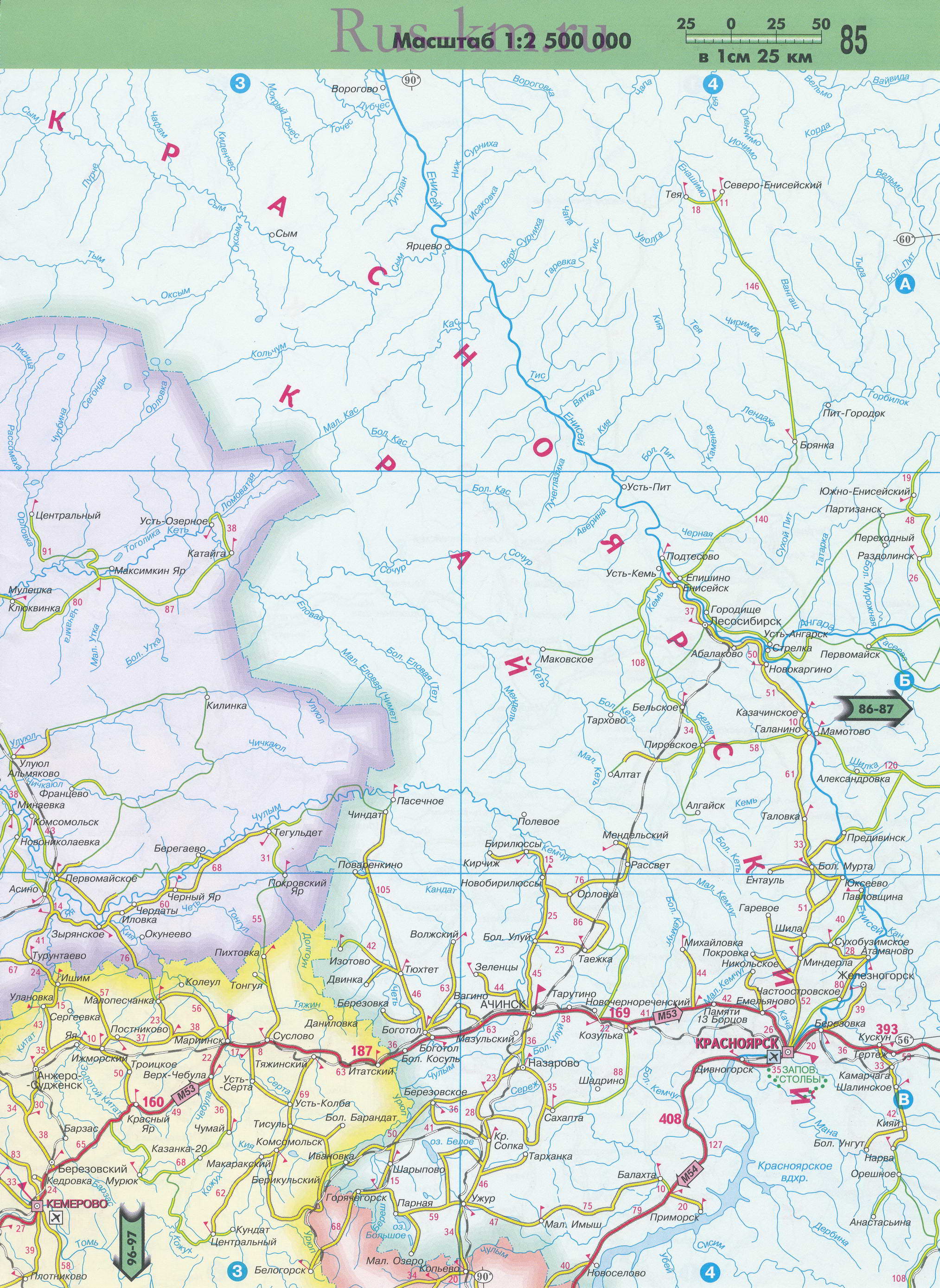 Карта дорог Западной Сибири до Байкала. Подробная карта автодорог Западной Сибири до озера Байкал, B0 - 