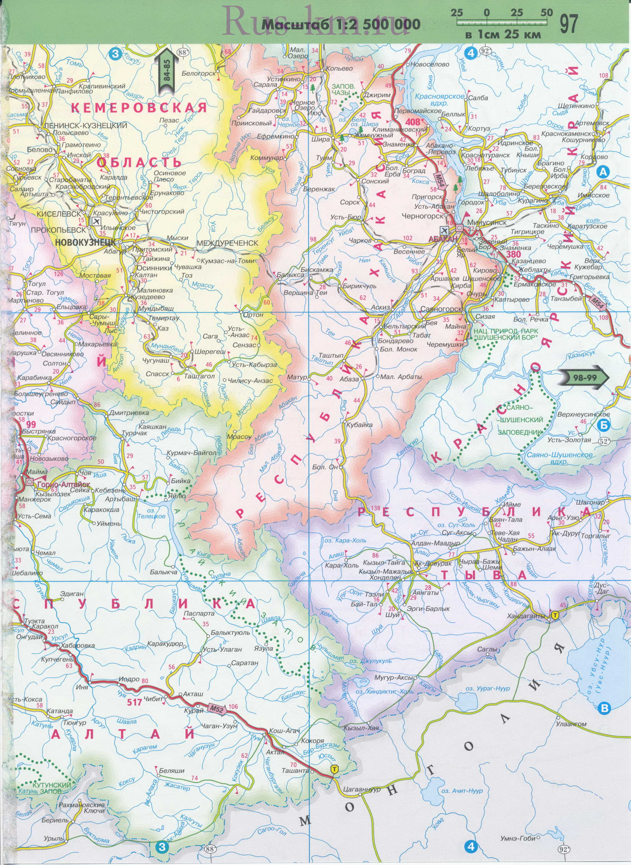 Карта дорог Западной Сибири до Байкала. Подробная карта автодорог Западной Сибири до озера Байкал, B1 - 