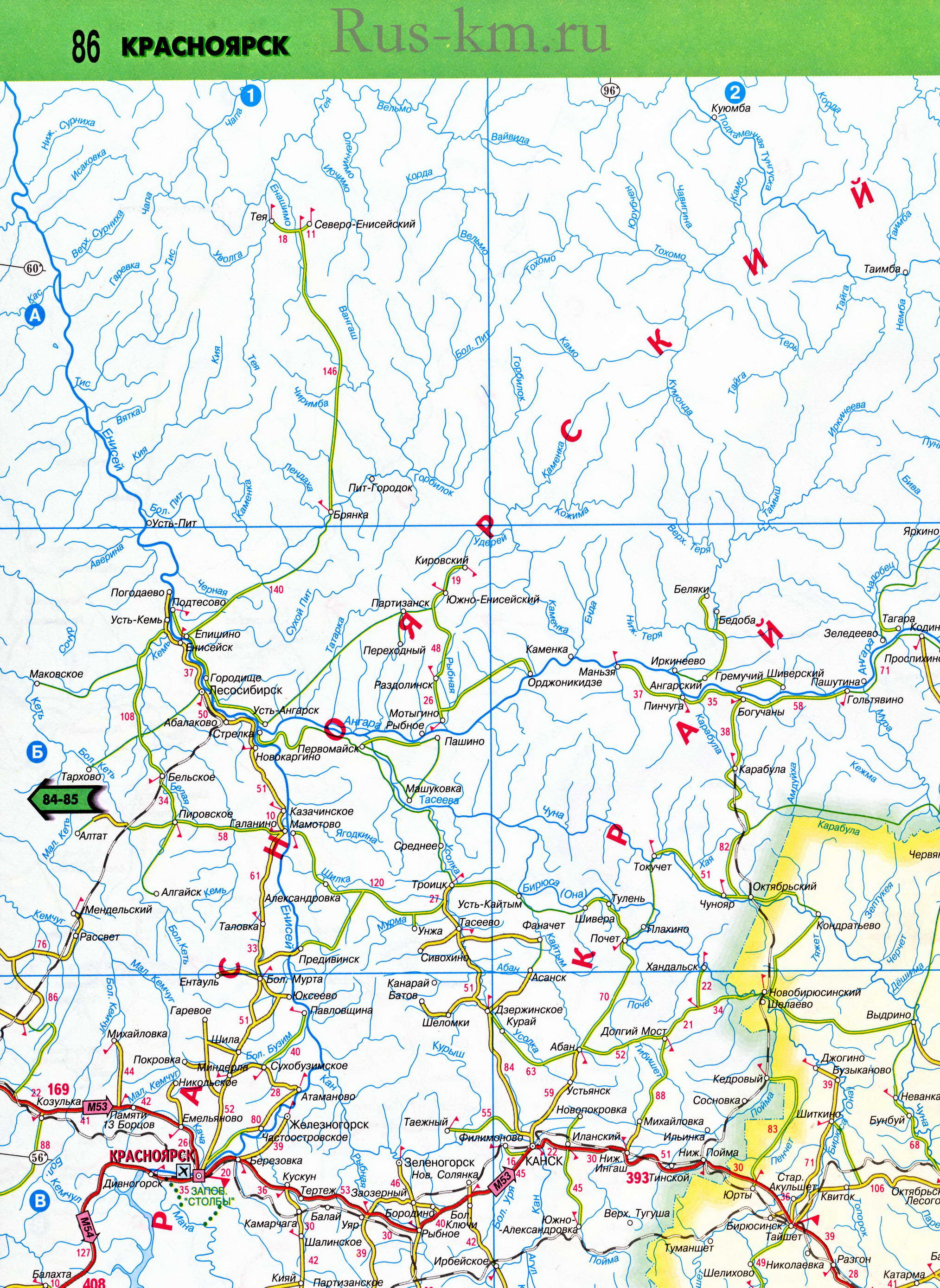 Карта дорог Западной Сибири до Байкала. Подробная карта автодорог Западной Сибири до озера Байкал, C0 - 