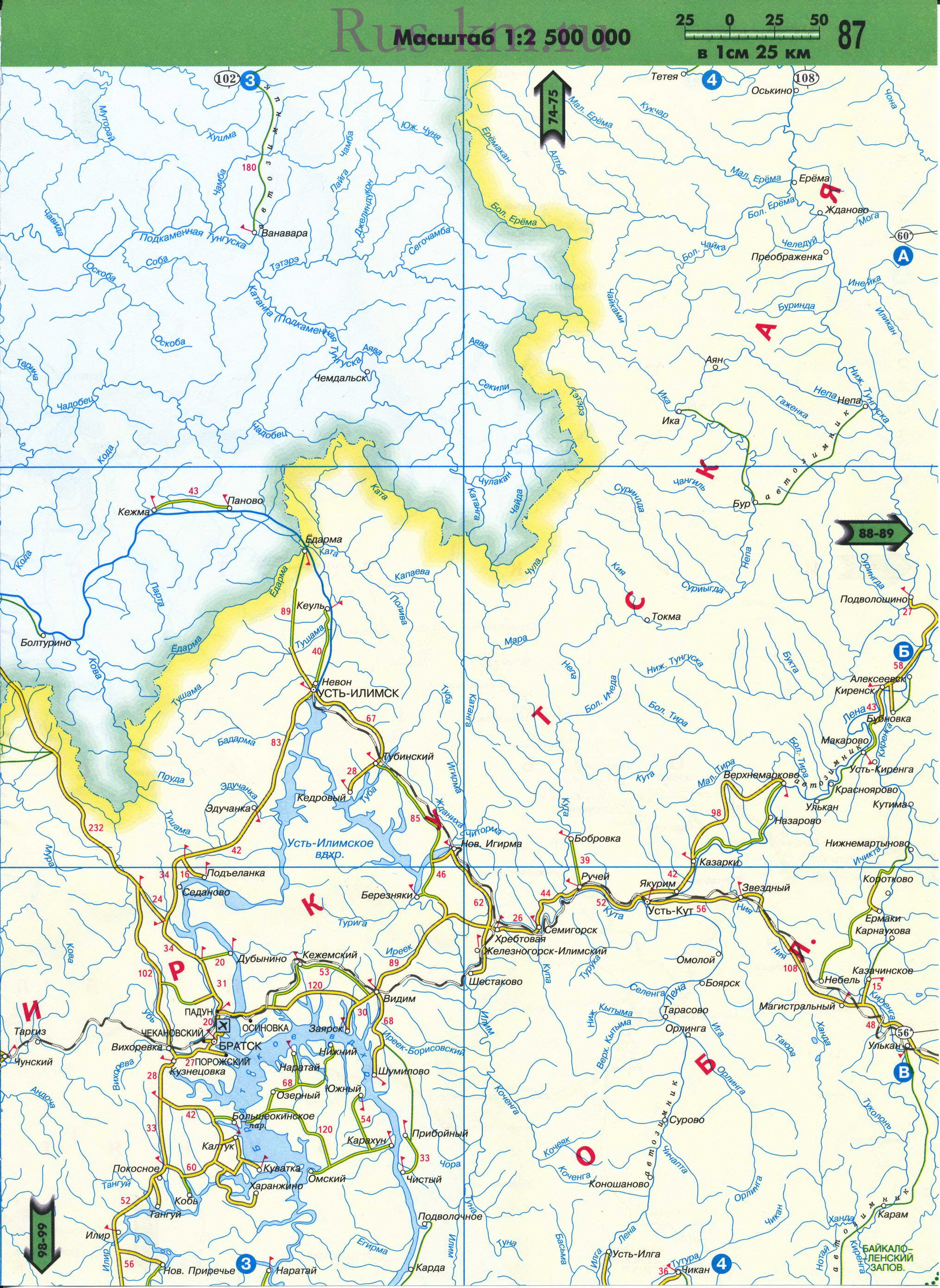 Карта дорог Западной Сибири до Байкала. Подробная карта автодорог Западной Сибири до озера Байкал, D0 - 