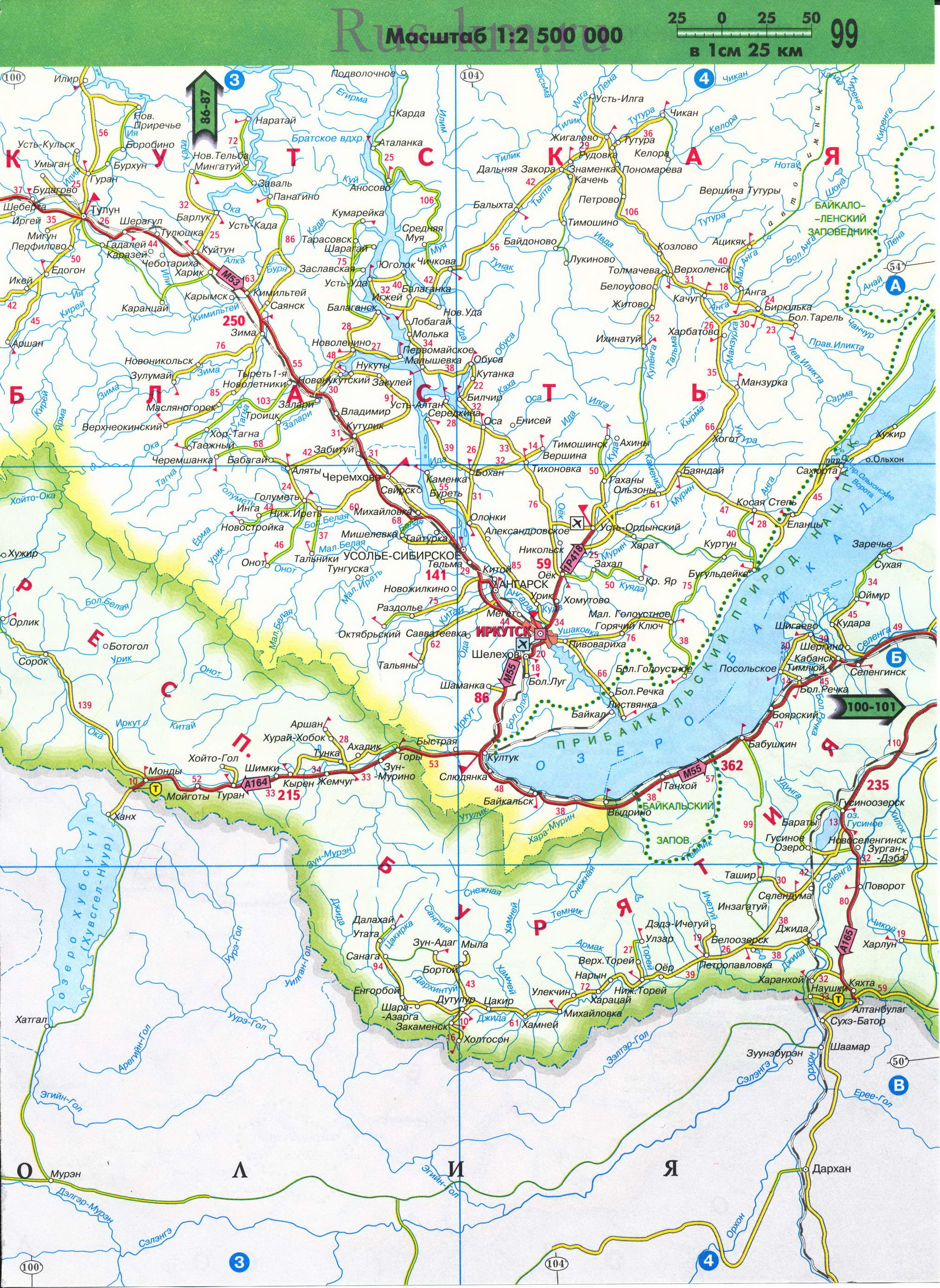 Карта дорог Западной Сибири до Байкала. Подробная карта автодорог Западной Сибири до озера Байкал, D1 - 