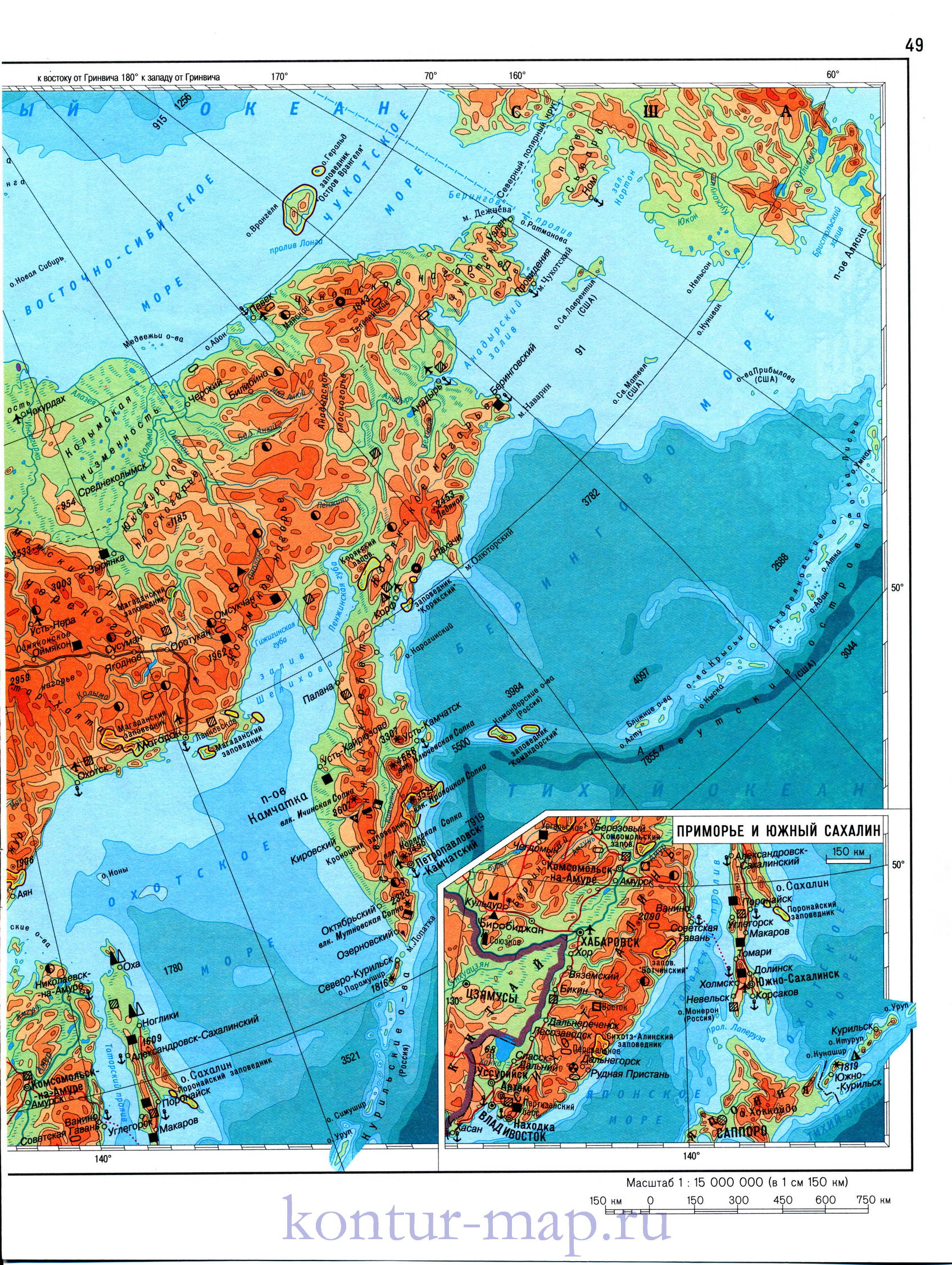 Карта Восточной Сибири и Дальнего Востока. Физическая карта - Восточная Сибирь и Дальний Восток, B0 - 