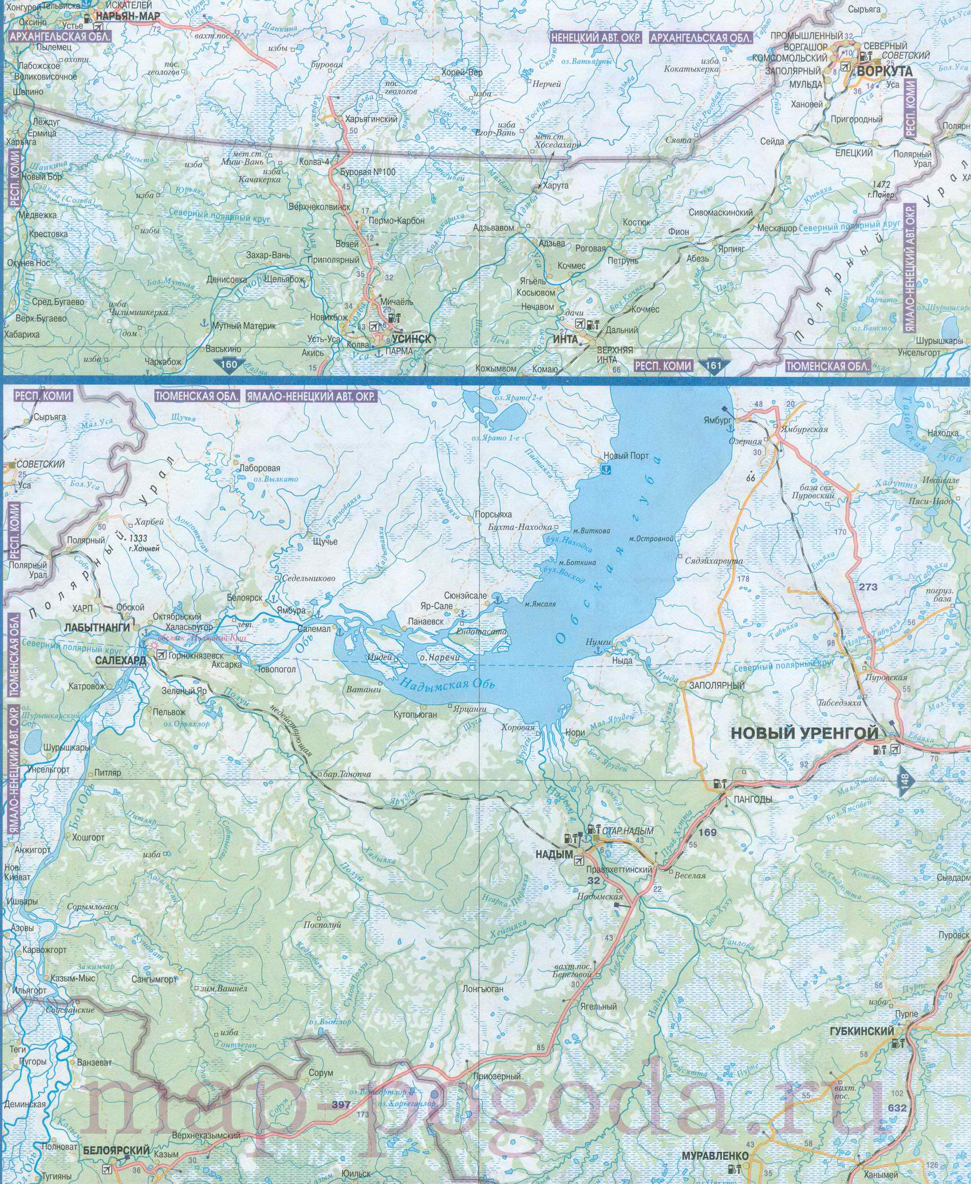 Карта запада ЯНАО Ямало-Ненецкого автономного округа. Подробная картазападной части ЯНАО - Ямало-ненецкий автономный округ,