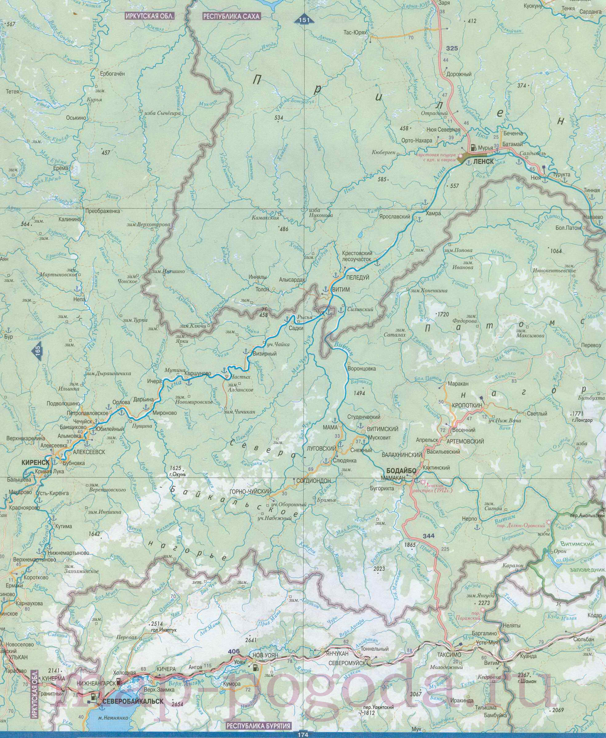 Карта юга республики Саха Якутия. Подробная карта автомобильных дорог юга Якутии, A0 - 