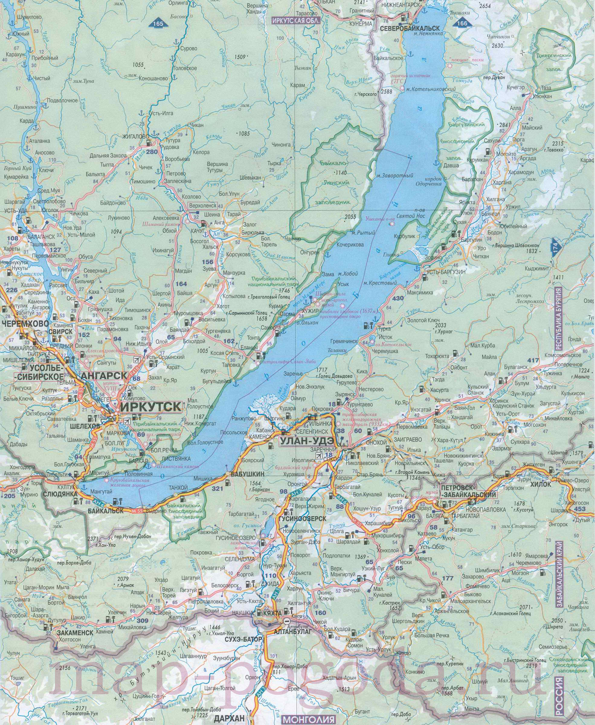 Подробная карта Бурятии. Карта автомобильных дорог республики Бурятия, B0 - 